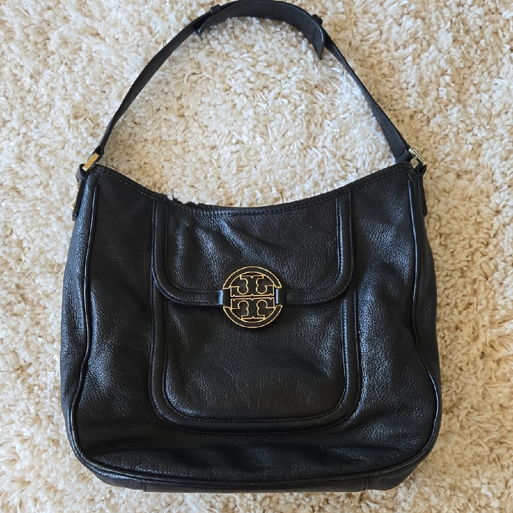Tory Burch Black Leather Shoulder Bag with Gold Medallion